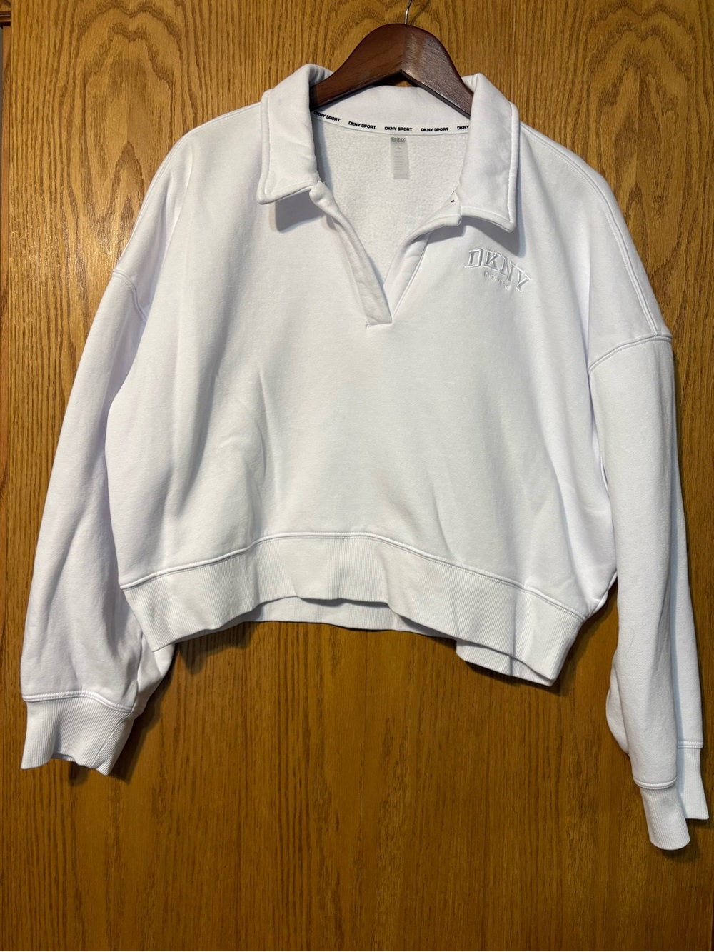DKNY White Cropped Polo Sweatshirt with Embroidered Logo